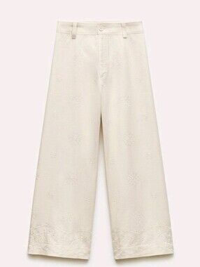 ZARA Embroidered Linen Blend Crop Pants Cream Medium